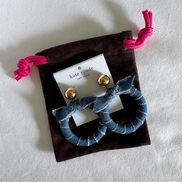 Kate Spade New York “Tie It On” Hoop Earrings Denim Blue with Gold Accents – NWT - Picture 3 of 6